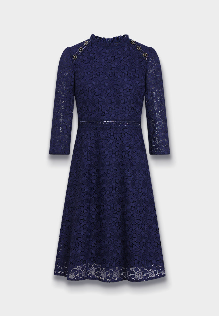 Robe en Dentelle Bleu Nuit à Boutons