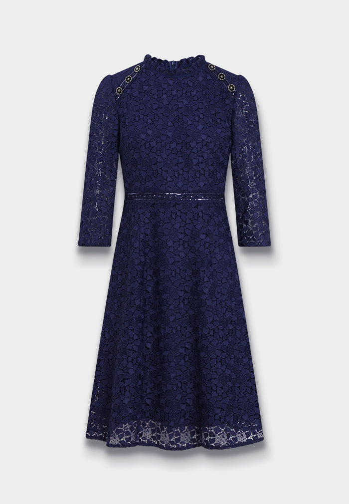 Robe en Dentelle Bleu Nuit à Boutons