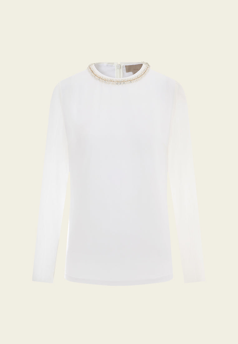 Round-neck Embellished-trim Chiffon Top