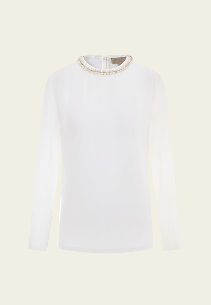 Round-neck Embellished-trim Chiffon Top