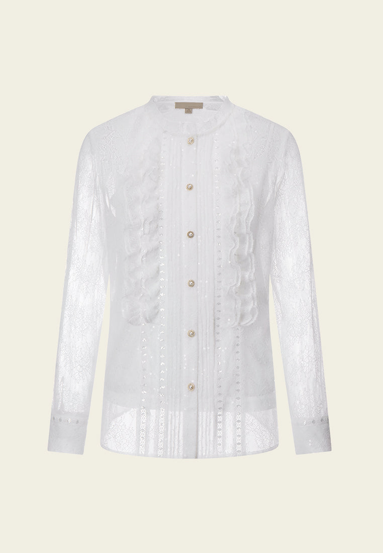 Ruffle-trim Sequin-detail Embellished-button Lace Shirt