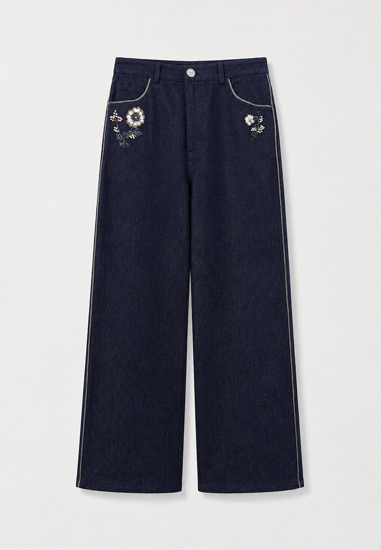 Nuit Fleur Embroidered Wide-Leg Denim Trousers