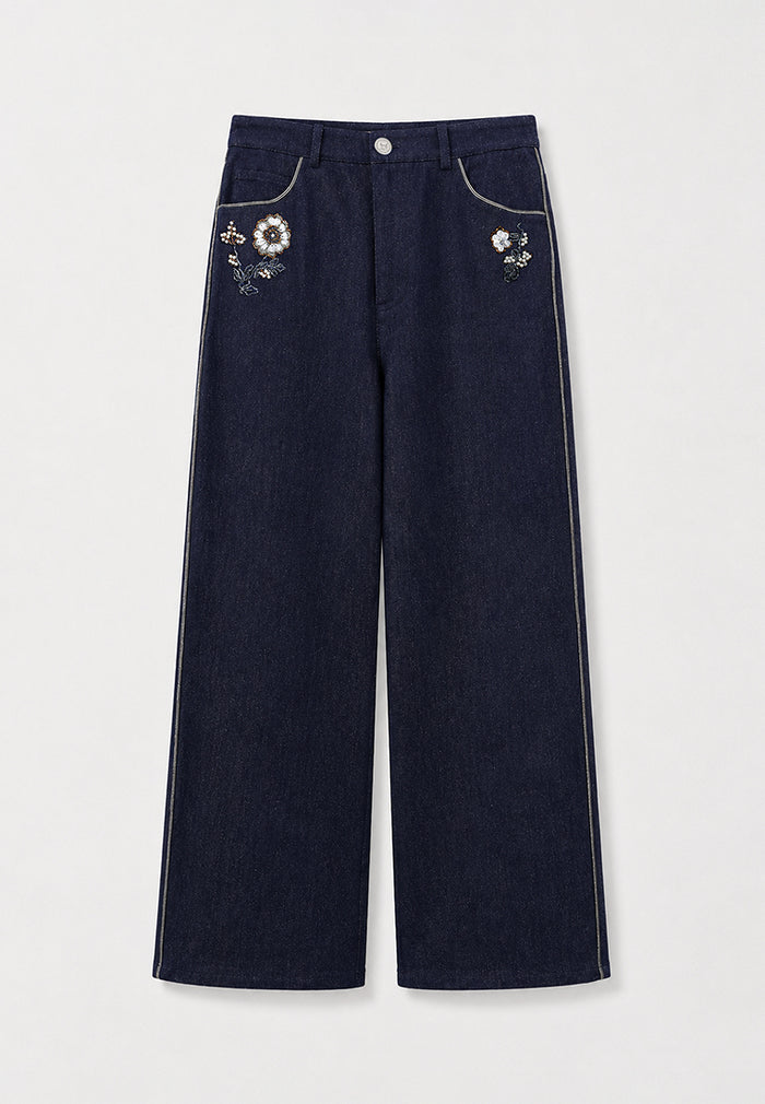 Nuit Fleur Embroidered Wide-Leg Denim Trousers