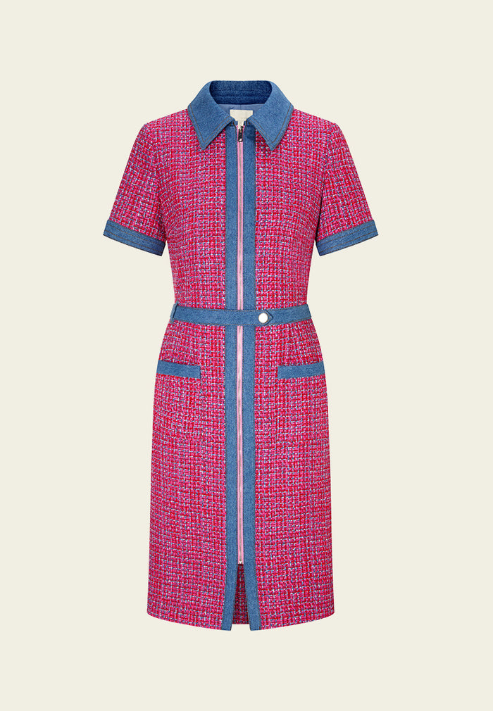 Denim-trim Fuchsia Checked Mix-tweed Dress