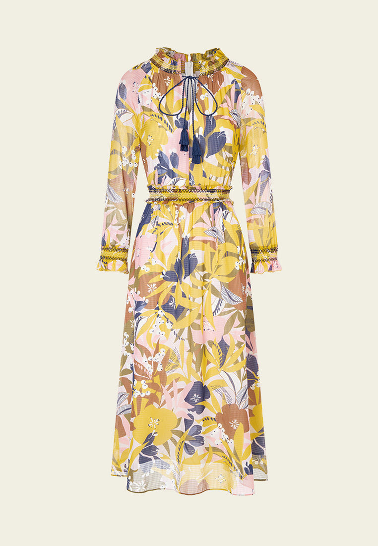 Yellow Floral Print Chiffon Maxi Dress