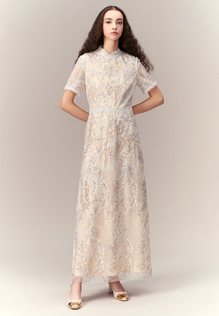 Cream Lace Tea Length Dress