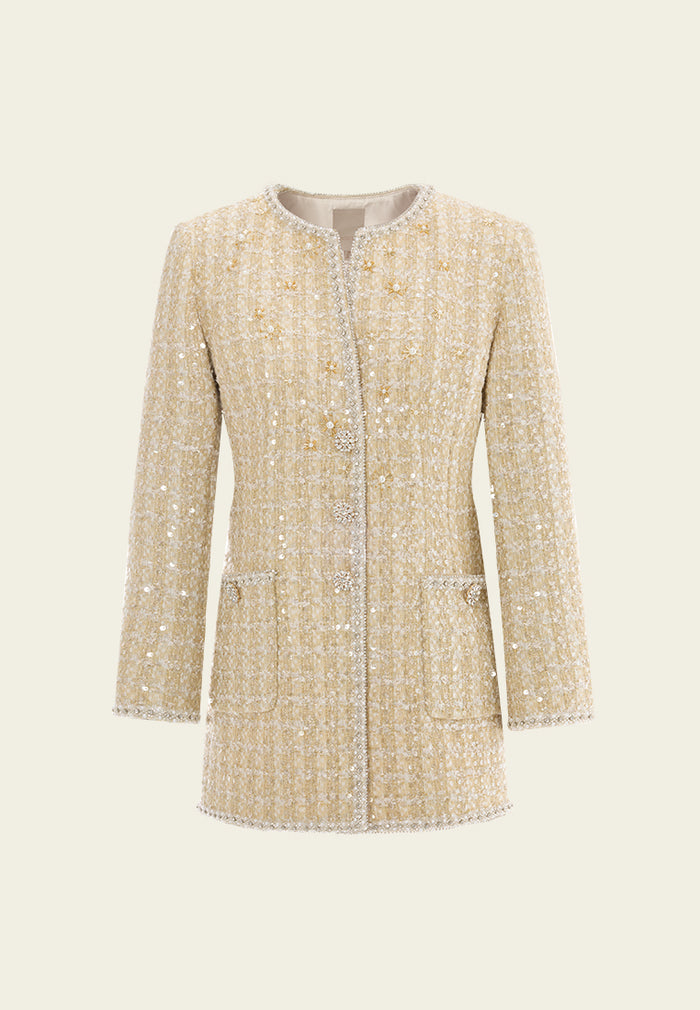 Lurex Checked Tweed Embellished Long Jacket