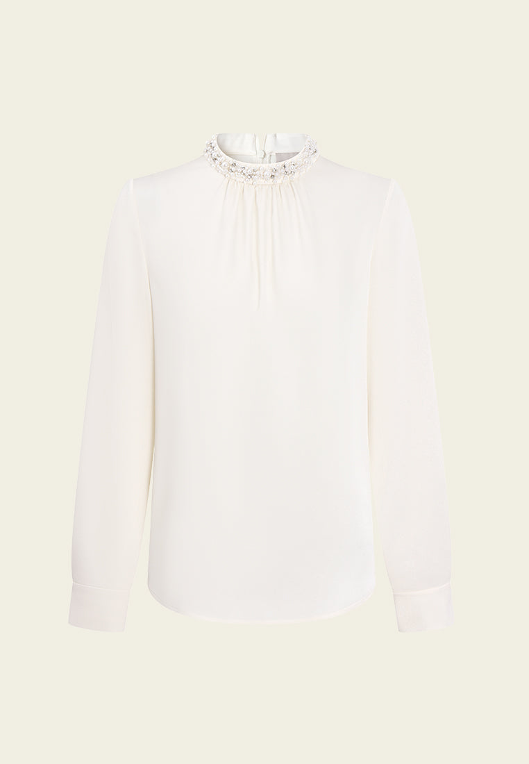 Embellished High-Neck Pleated Blouse