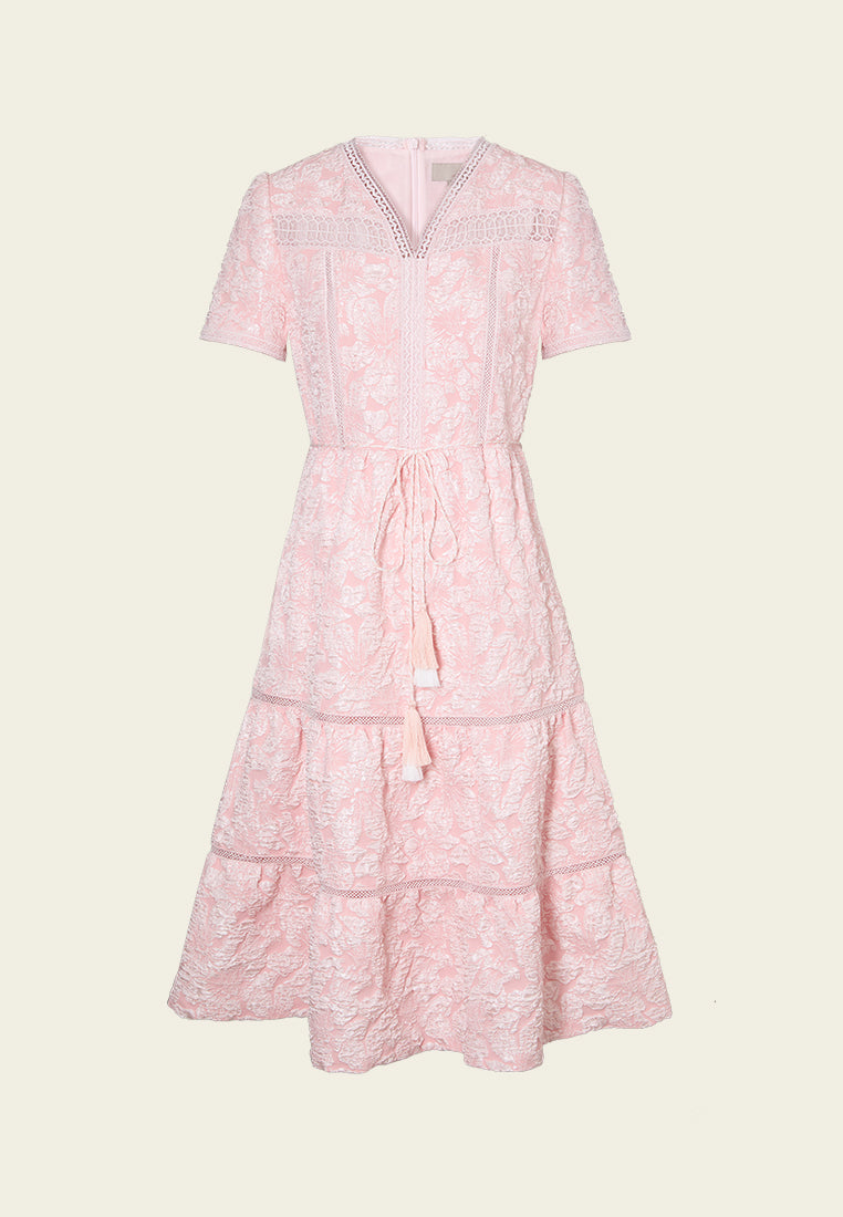 V-neck Jaquard Panelled Tie-belt Dress