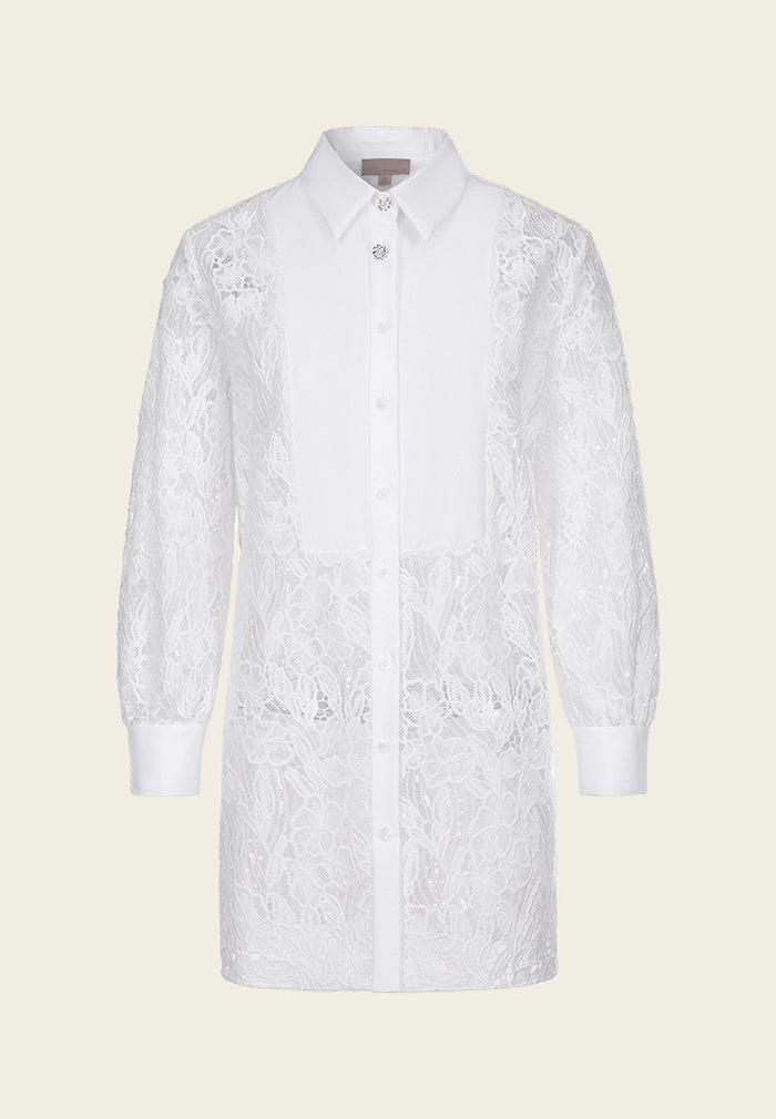 Embroidered Sequin-detail Mesh Lace Shirt Dress
