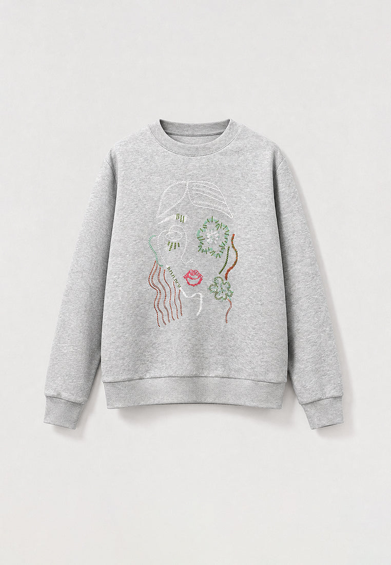 Gris Mélange Visage Brodé Sweatshirt