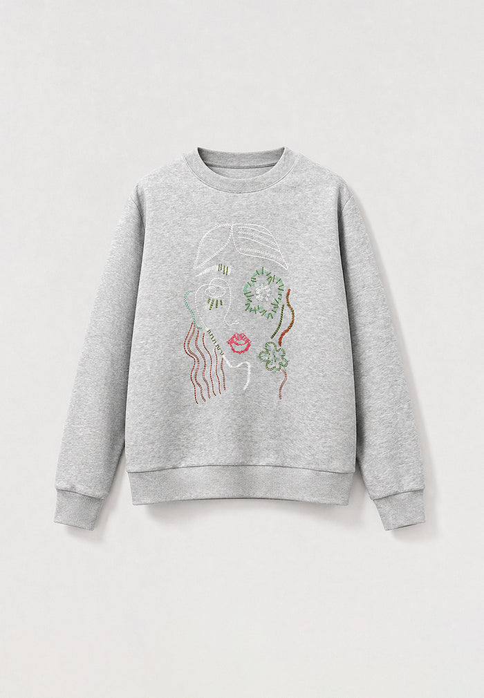 Gris Mélange Visage Brodé Sweatshirt