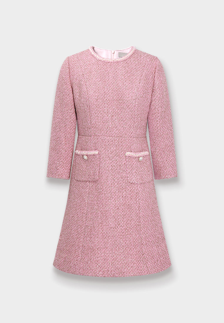 Pink Tweed Dress with Fringe Trim
