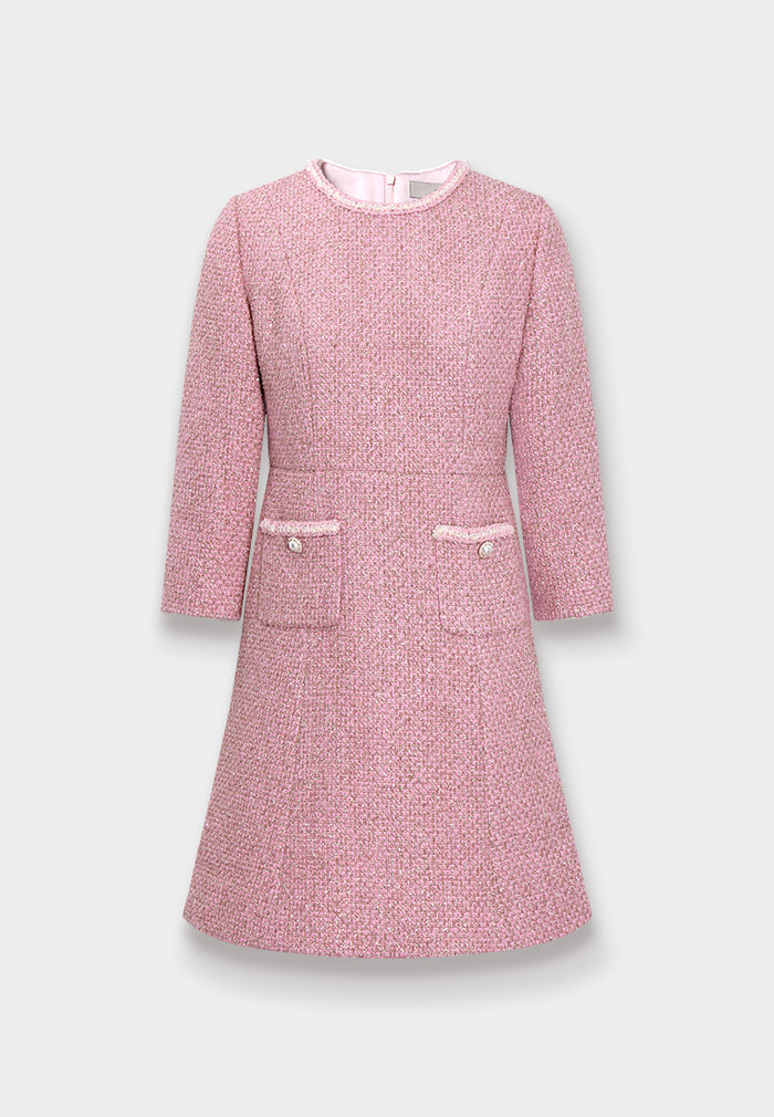 Pink Tweed Dress with Fringe Trim