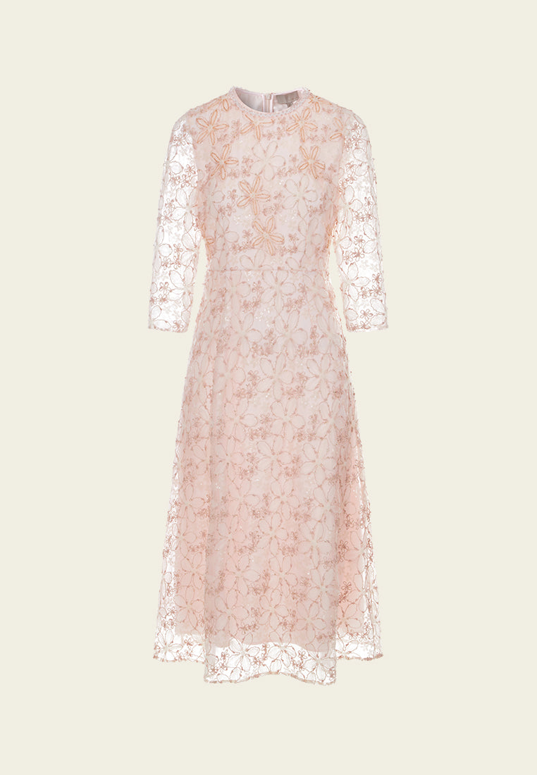 Floral-embroidery Embellished Detail Mesh Dress