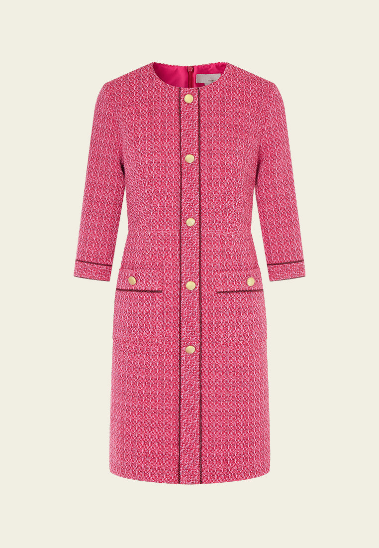 Fuchsia Pink Patch-Pocket Tweed Dress