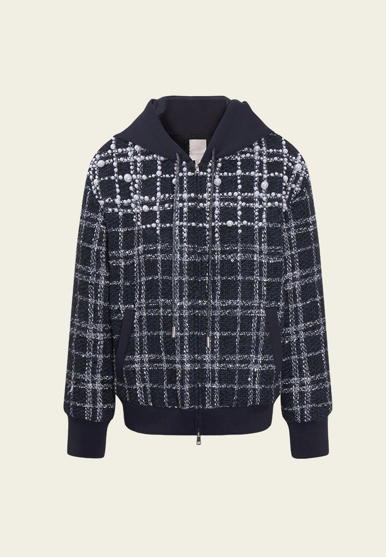 Pearl Embellished Plaid Hooded Jacket