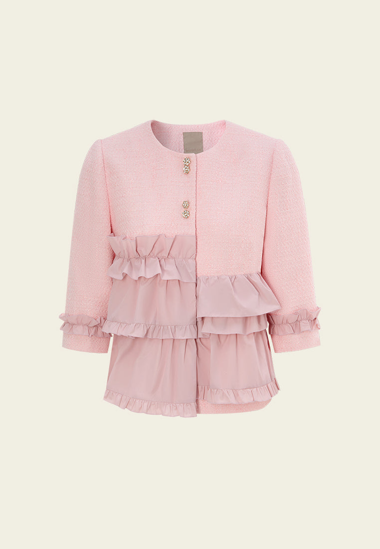Ruffle-detail Crystal-button Tweed Jacket Pink