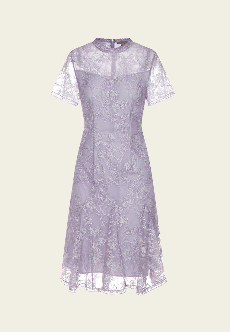 MOISELLE Lilac Ruffle-collar Embroidered Mesh Lace Dress