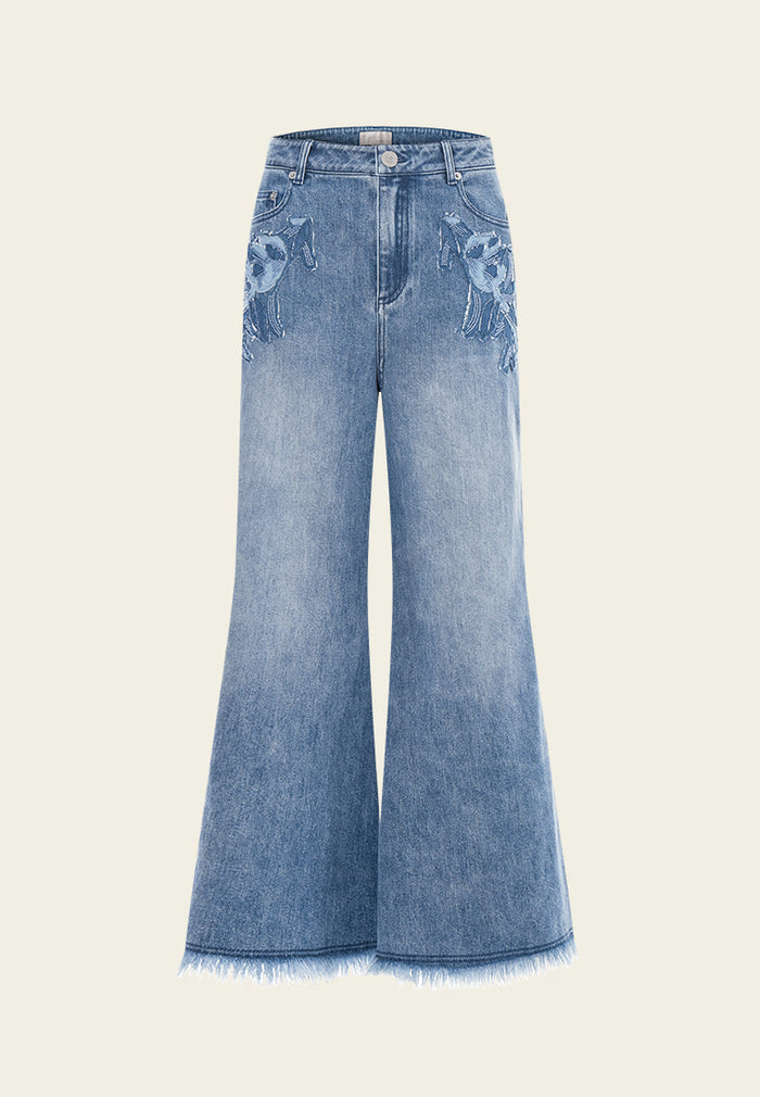 Washed Embellished Frayed-detail Flared Jeans