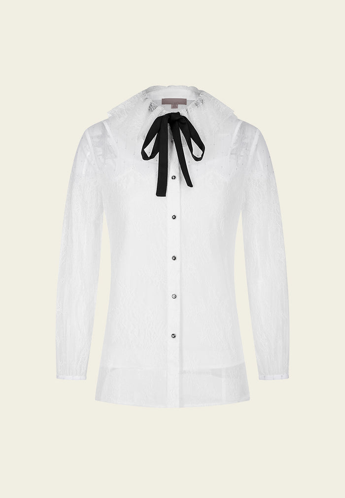 Pussy-bow Ruffle-collar Lace Blouse