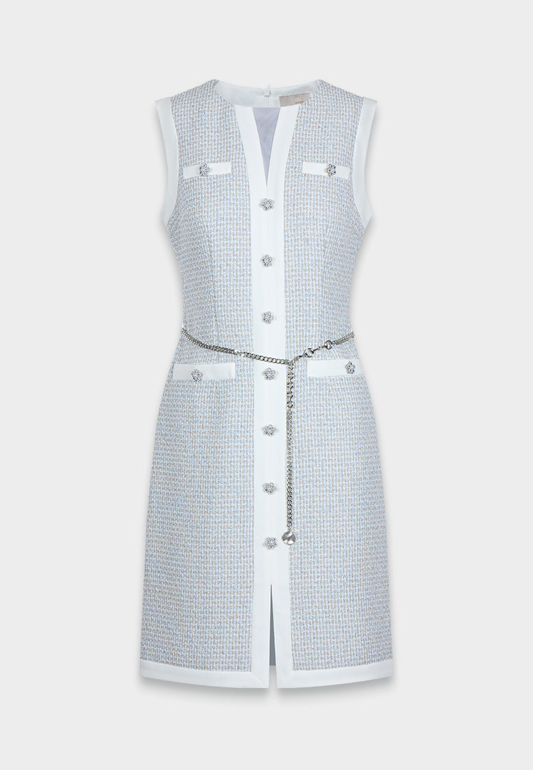 Azure Bloom Chain-Belt Tweed Dress