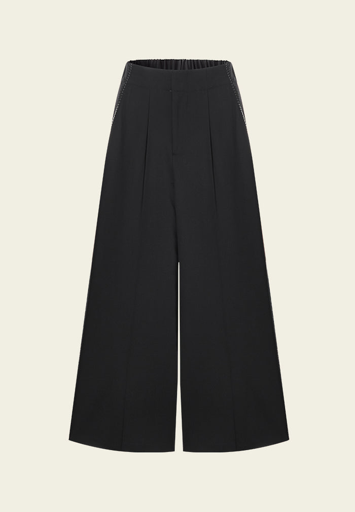 Wide-leg Flared Pleated-detail Faux Leather-trimmed Trousers