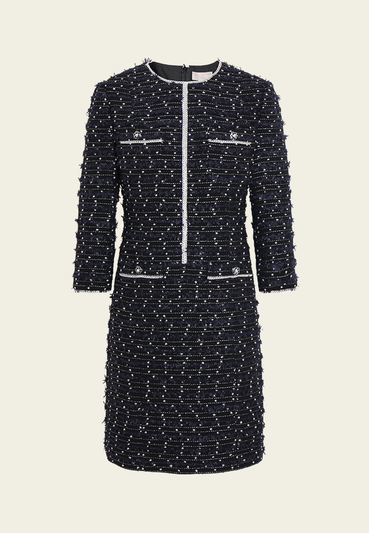 Embellished Trim Tweed Sheath Dress