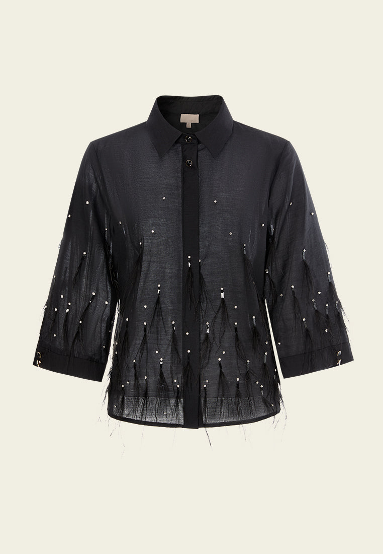 Crystal and Feather Detail Linen Cropped Shirt