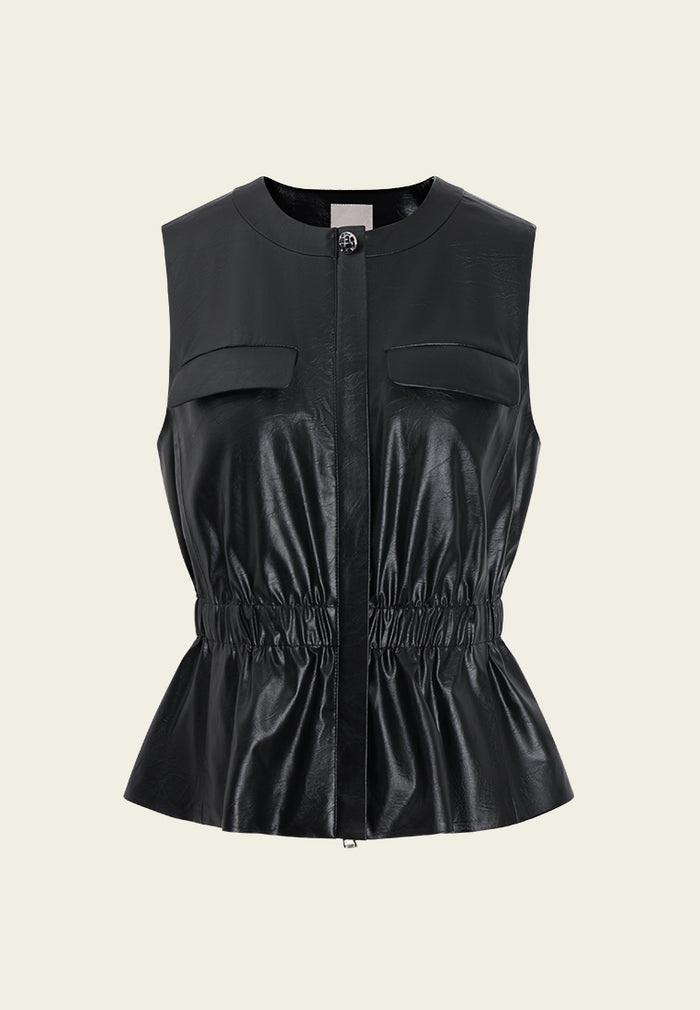 Elastic-waist Flap-pocket Faux Leather Blouse