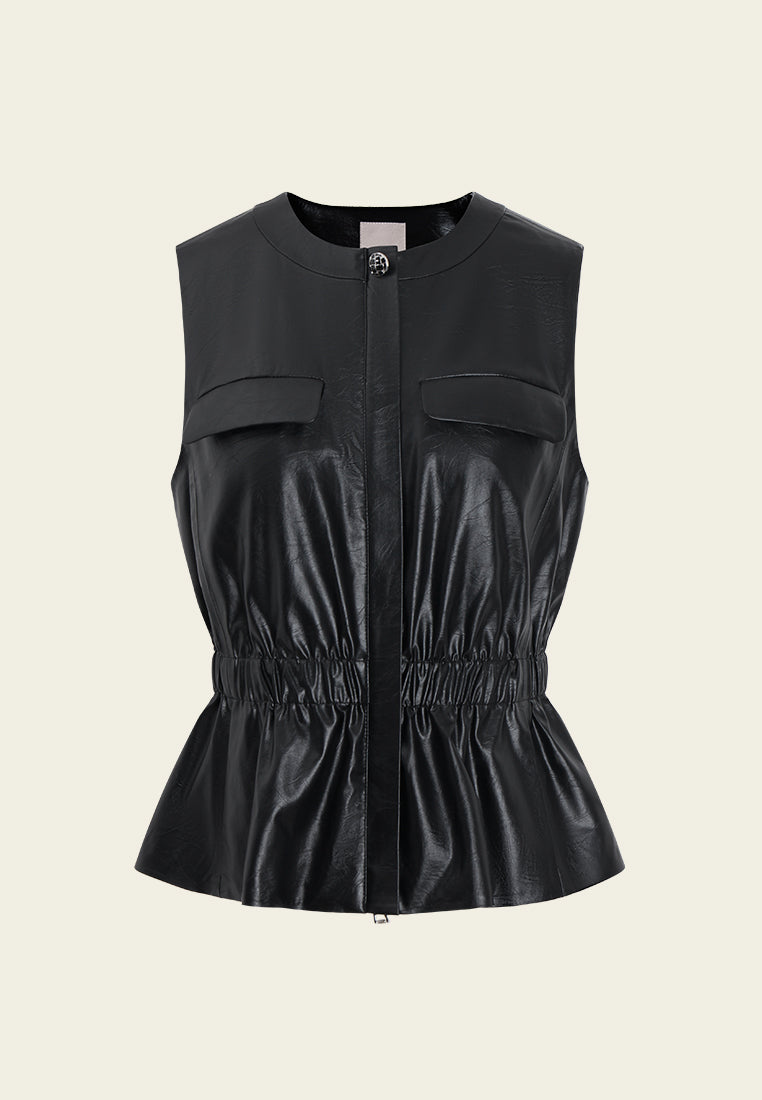 Elastic-waist Flap-pocket Faux Leather Blouse