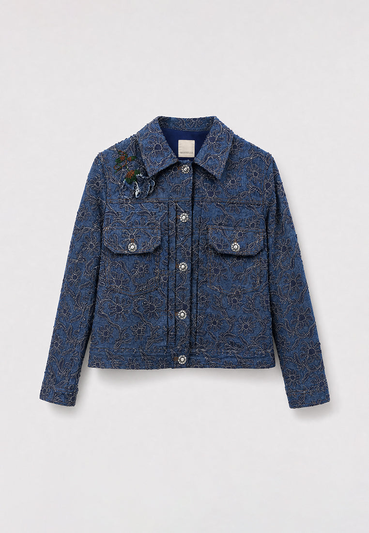 Bleu Denim Fleur Brodé Jacket