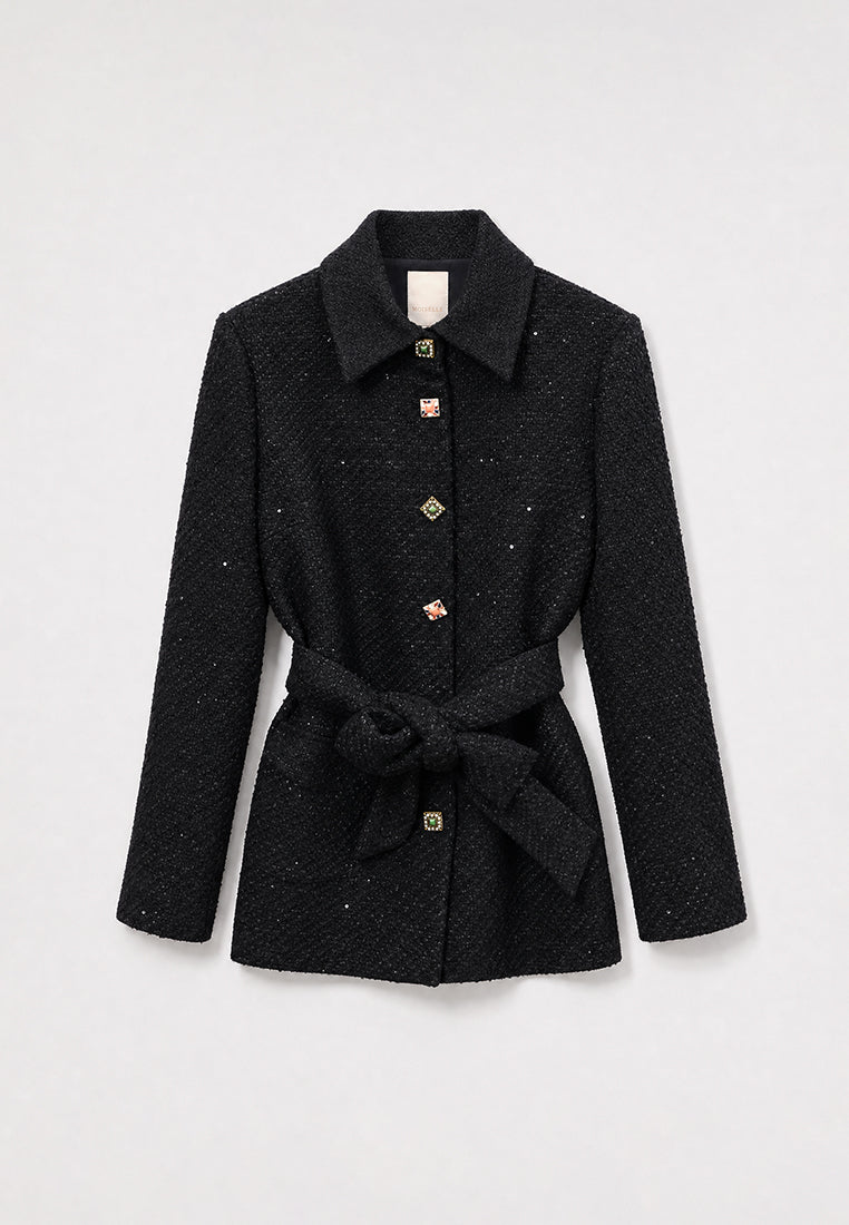 Noir Tweed Boutons Couleur Belted Jacket