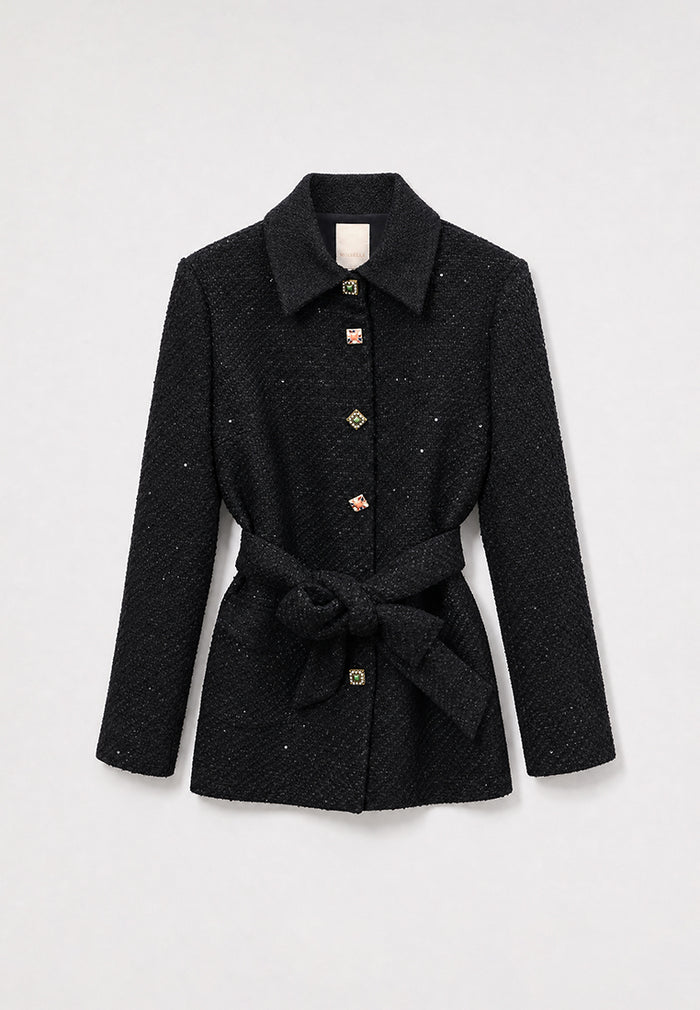 Noir Tweed Boutons Couleur Belted Jacket