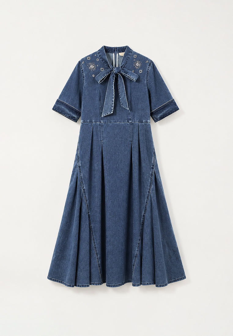 Bleu Céleste Embroidered Denim Midi Dress