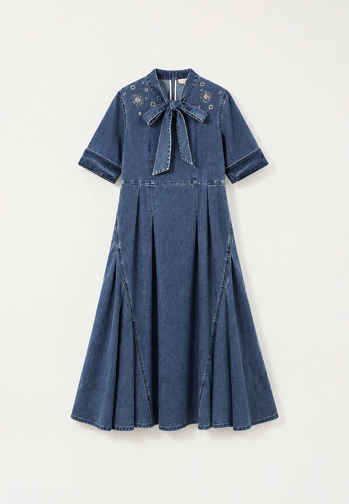 Bleu Céleste Embroidered Denim Midi Dress