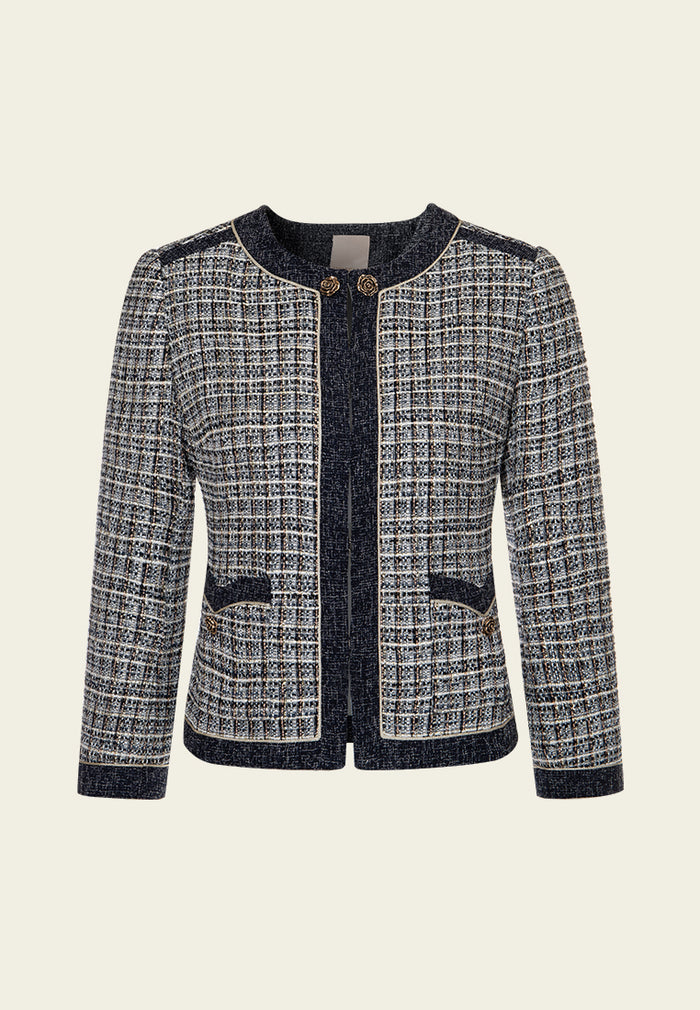 Rose Sculpted-button Contrast-trim Checked Jacket