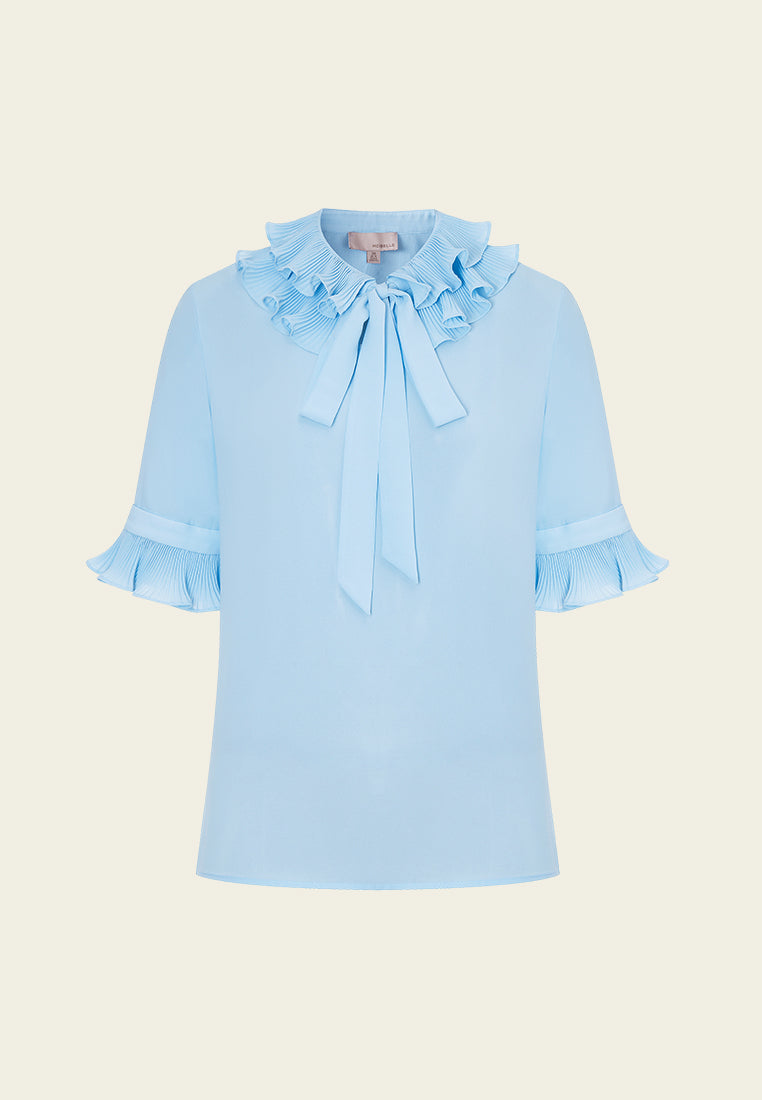 Blue Ruffled Pussy Bow Blouse