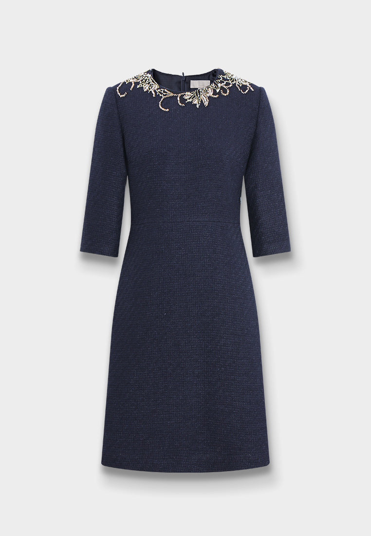 Lueur Embellished Neckline Tweed Dress
