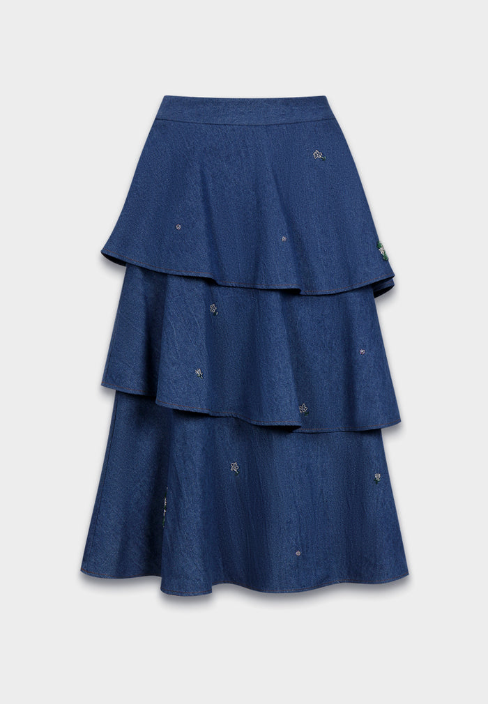 Indigo Bloom Layered Denim Skirt