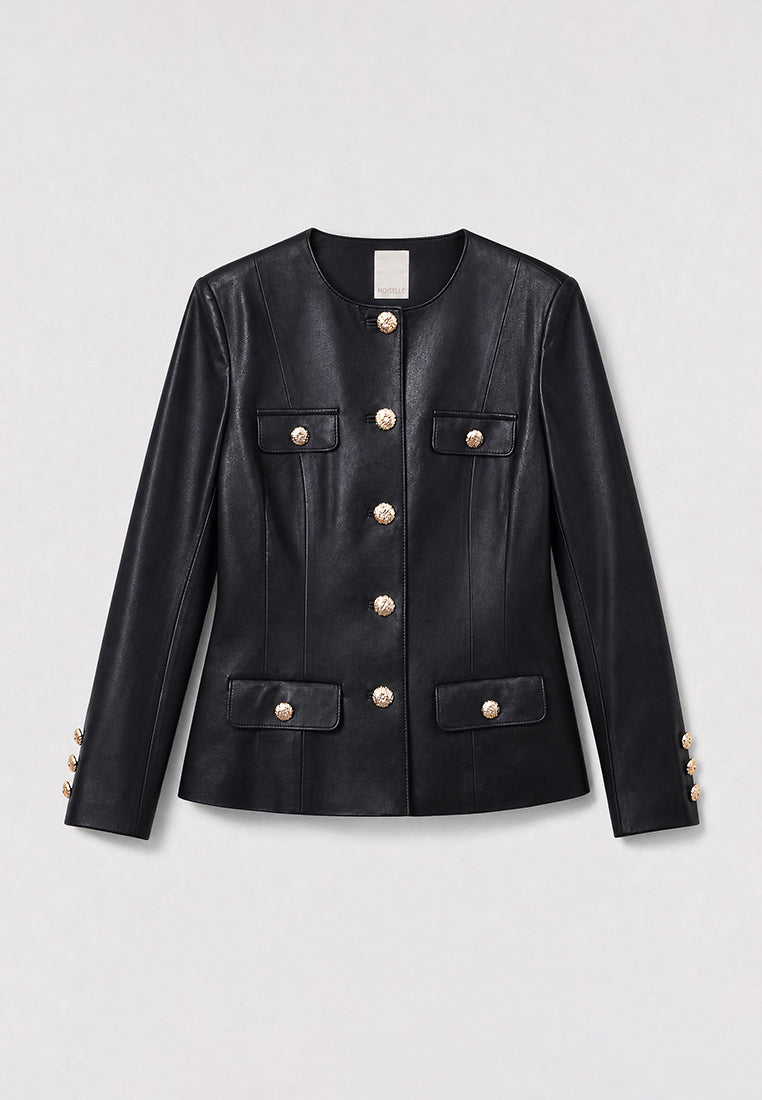 Noir Cuir Bouton Doré Jacket