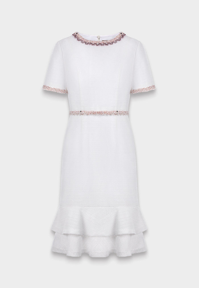 White Embellished Ruffle Dress