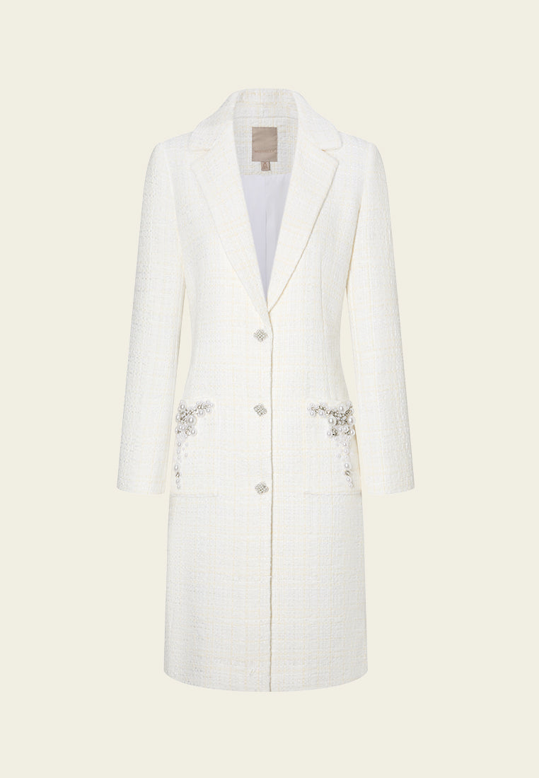 Checked Tweed Crystal and Pearl Embellished Coat
