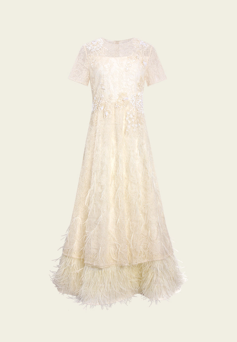 Feather-hem Embellished Lace Dress