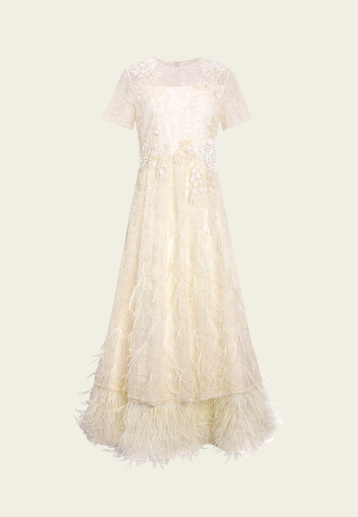 Feather-hem Embellished Lace Dress