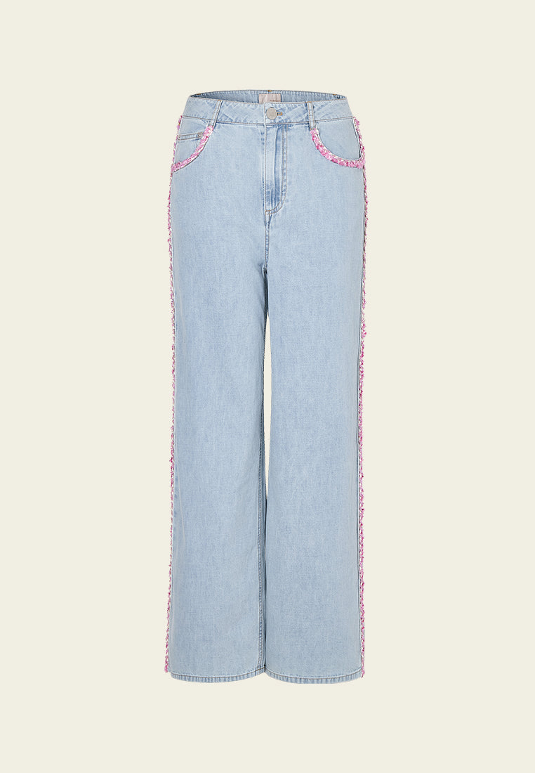 Tweed Eembellished Straight-leg Jeans