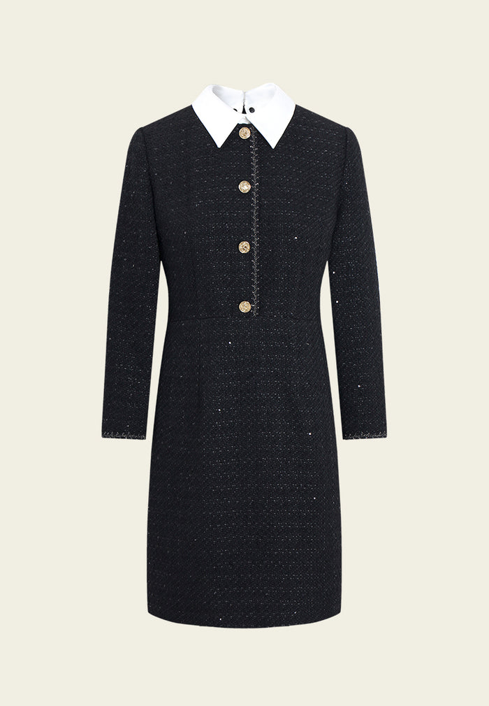 Contrast Collar Button Tweed Dress