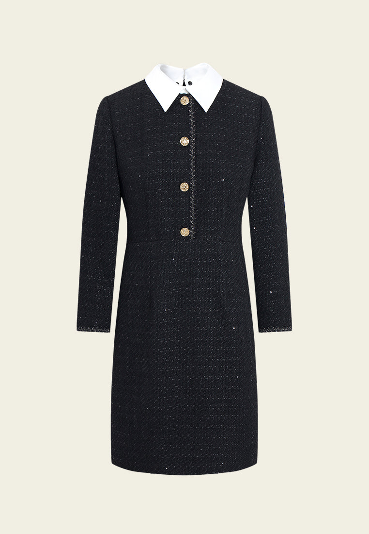 Contrast Collar Button Tweed Dress