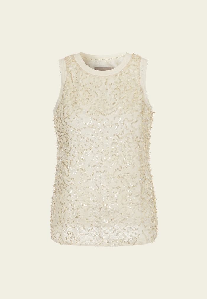 Round-neck Ribbed-trim Sequined Tank