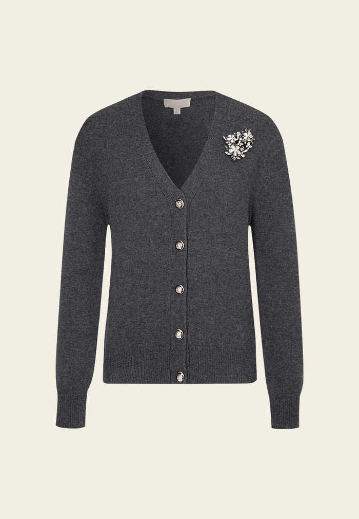 Ribbed Crystal-broach Button-embellished Cardigan